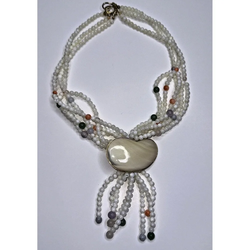 Quartz‎ Jade Shell Necklace Purple Green Beaded Multi strand Pendant Tassel
